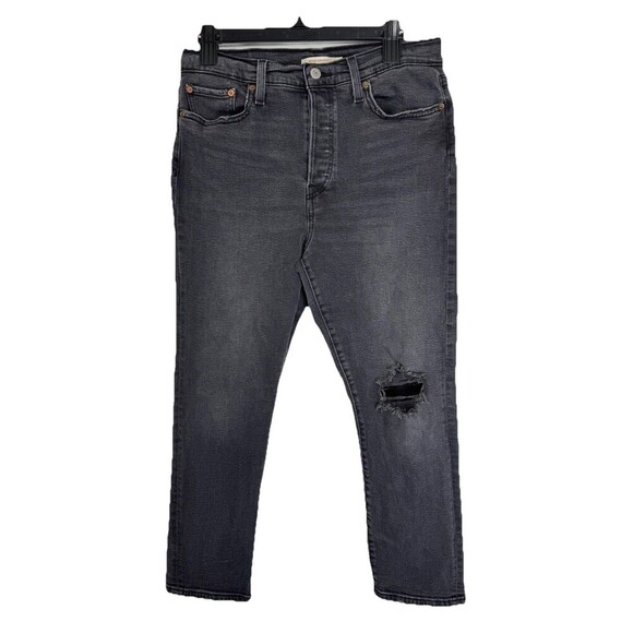 Levis Wedgie Straight Jeans Womens 31x28 Black Button Fly High Rise Distressed - Picture 1 of 11